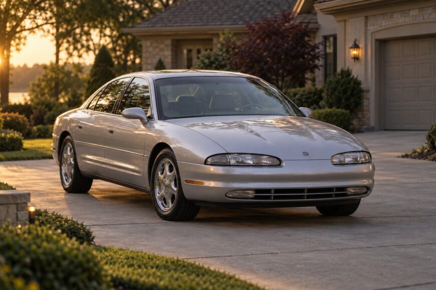Silver Oldsmobile Aurora sedan parked on a paved driveway in front of a house at sunset
