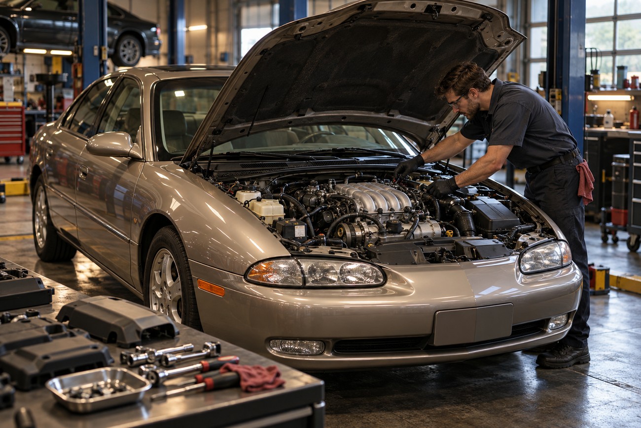 Mechanic working on the engine of a silver Oldsmobile Aurora sedan inside a bright auto repair shop