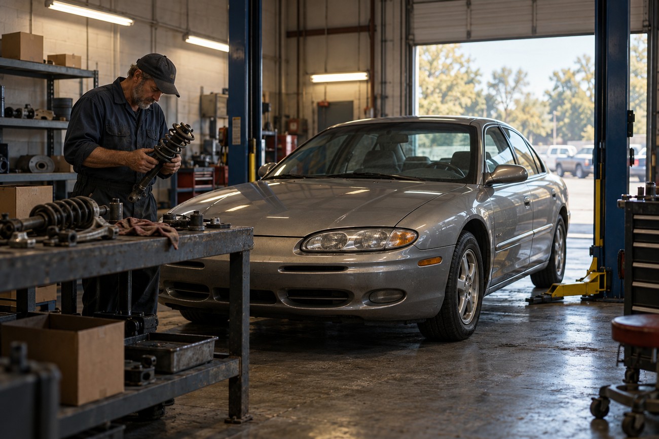 Mechanic holding a suspension strut in an auto repair shop next to a silver Oldsmobile Aurora sedan