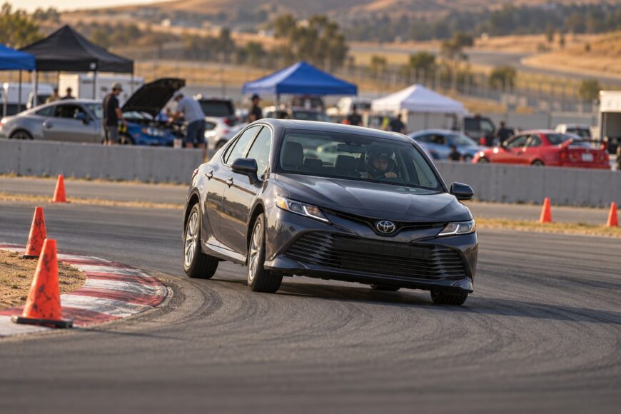 A dark grey Toyota Camry sedan driving through a corner on a paved racetrack with orange cones