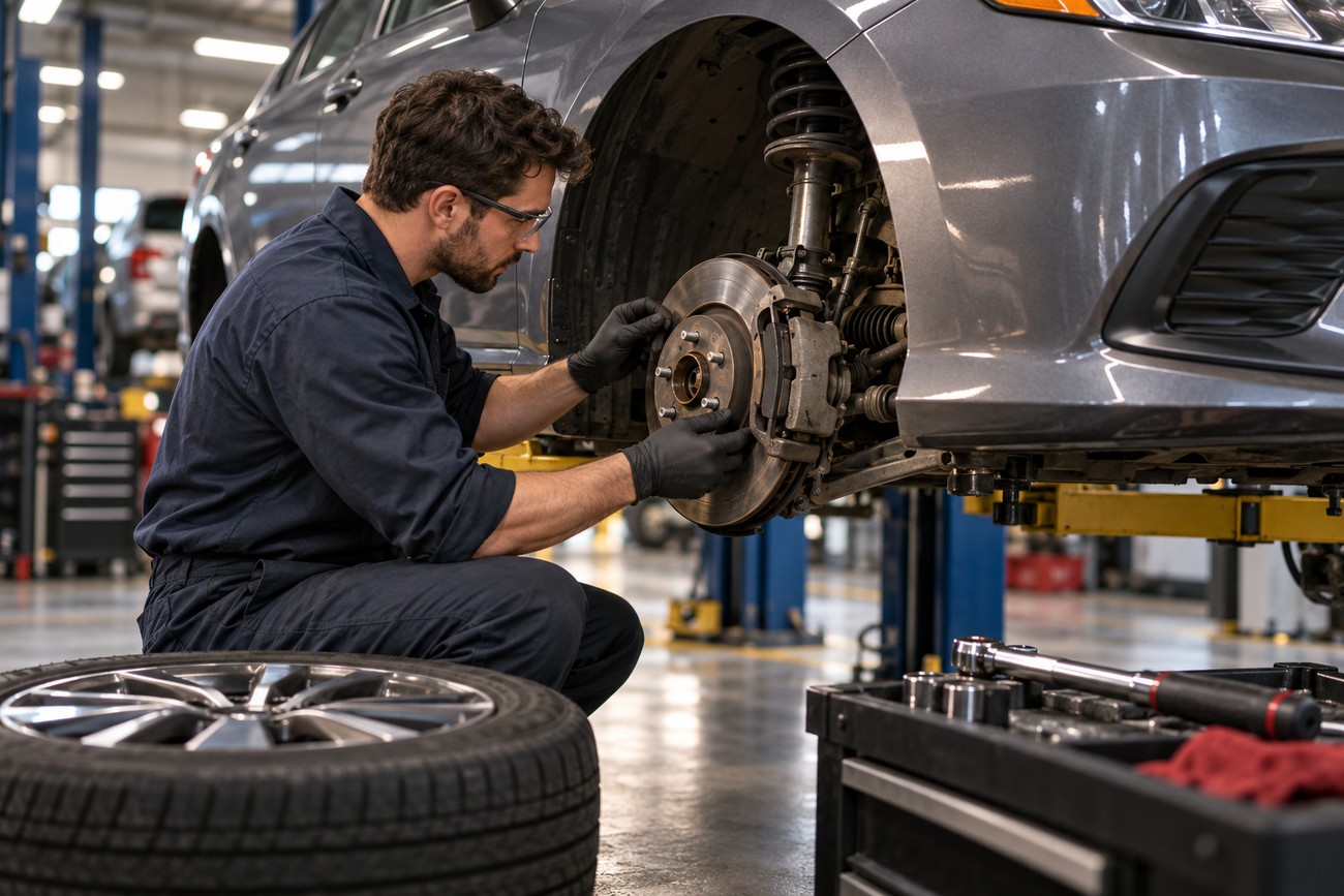 Mechanic wearing safety glasses and black gloves inspecting the front brake rotor of a gray Toyota Camry on a lift