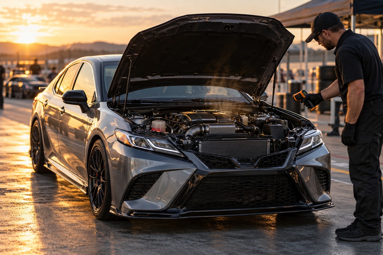 A mechanic checks the hot engine of a grey Toyota Camry with the hood open at a track day event