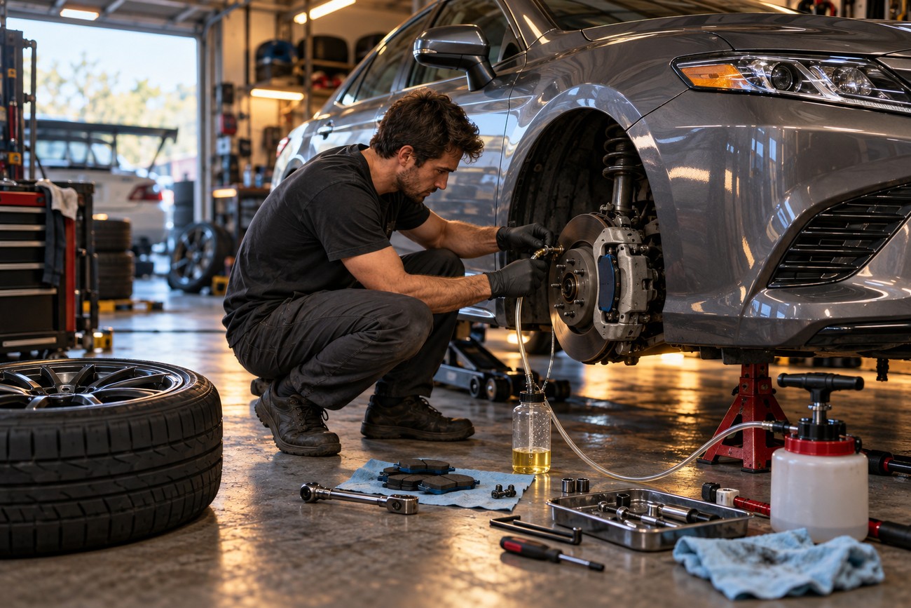 A mechanic in a garage uses a bleeding kit to service the brakes of a gray Toyota Camry raised on a jack