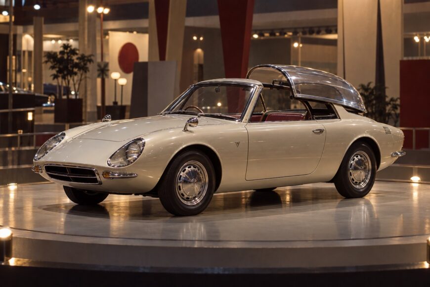Vintage white Toyota Publica Sports concept car with sliding glass canopy roof on display indoors