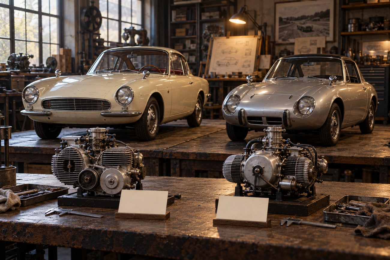 Two vintage Toyota Publica Sports coupes parked in a workshop with two engines on a workbench in the foreground
