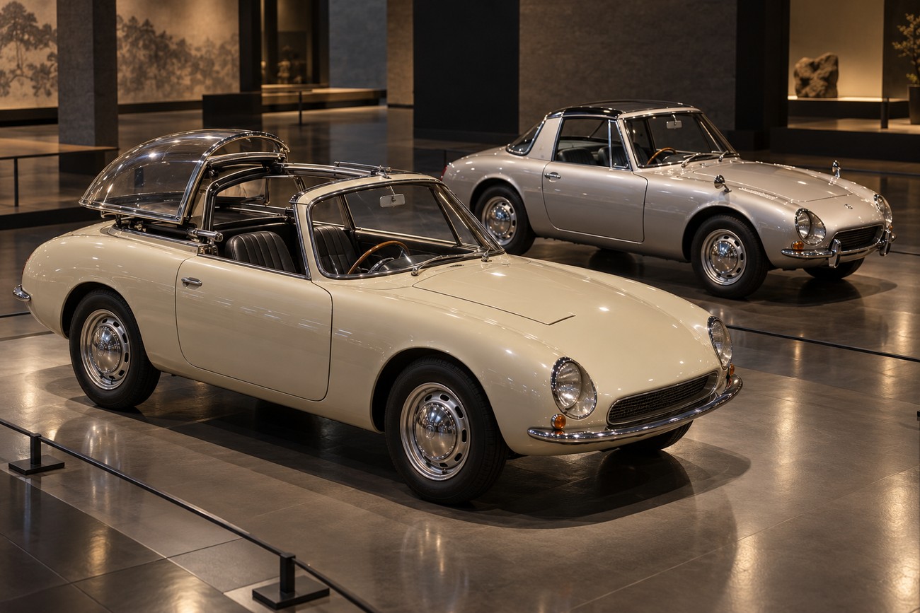 Beige vintage Toyota Publica Sports concept car featuring an open sliding glass canopy in a museum exhibit