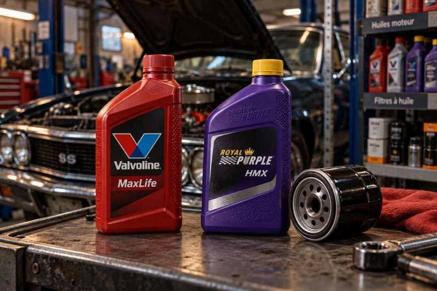 Two high mileage motor oil bottles of Valvoline MaxLife and Royal Purple HMX standing on a metal workbench next to an oil filter in an auto repair shop