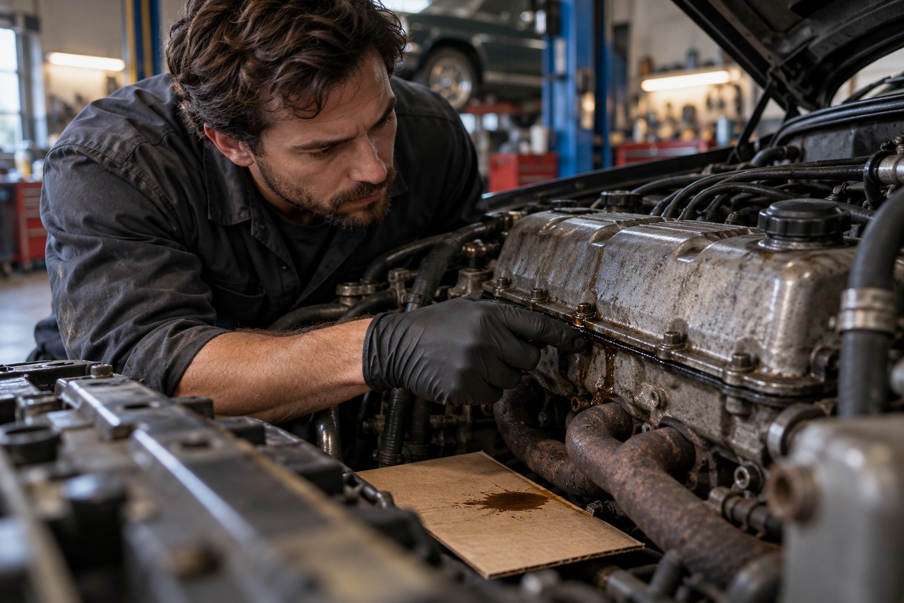 A mechanic wearing black gloves inspects an engine oil leak under the hood of a car in a workshop