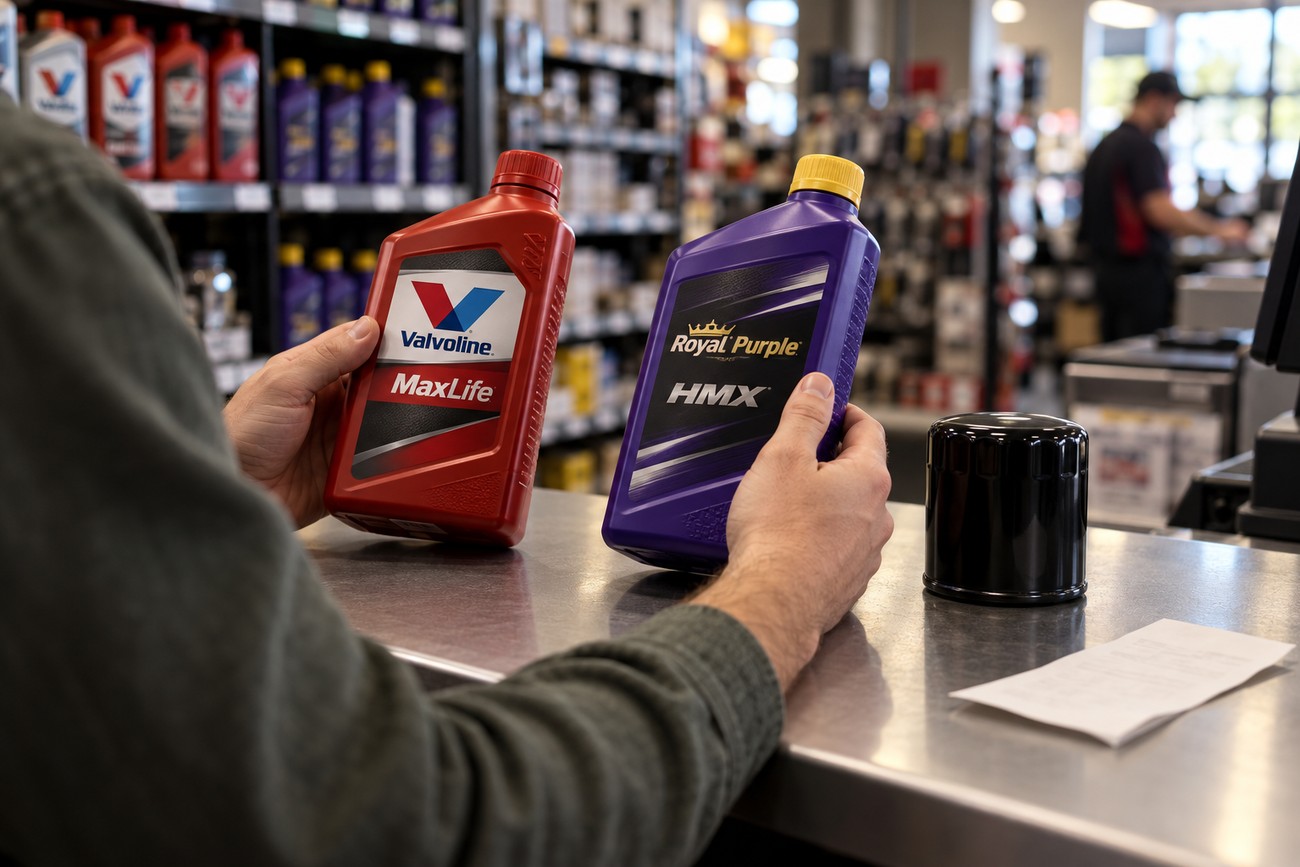 A customer holding a red bottle of Valvoline MaxLife and a purple bottle of Royal Purple HMX high mileage motor oil at an auto parts store counter