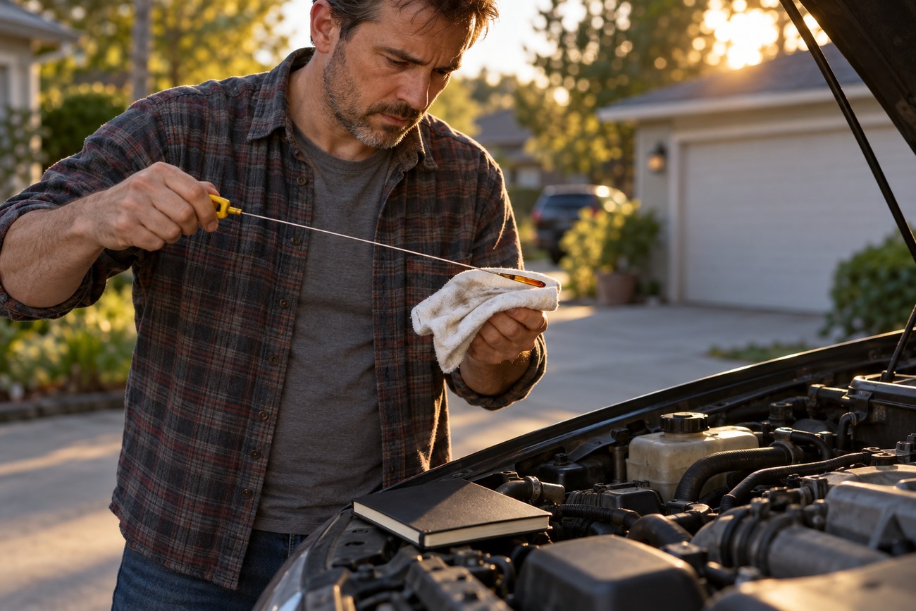 Middle aged man in a plaid shirt checking the engine oil dipstick with a rag in front of a car