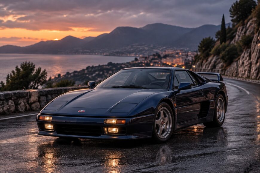 Dark blue Venturi 260 sports car parked on a wet coastal road during a scenic sunset with mountains and sea in the background