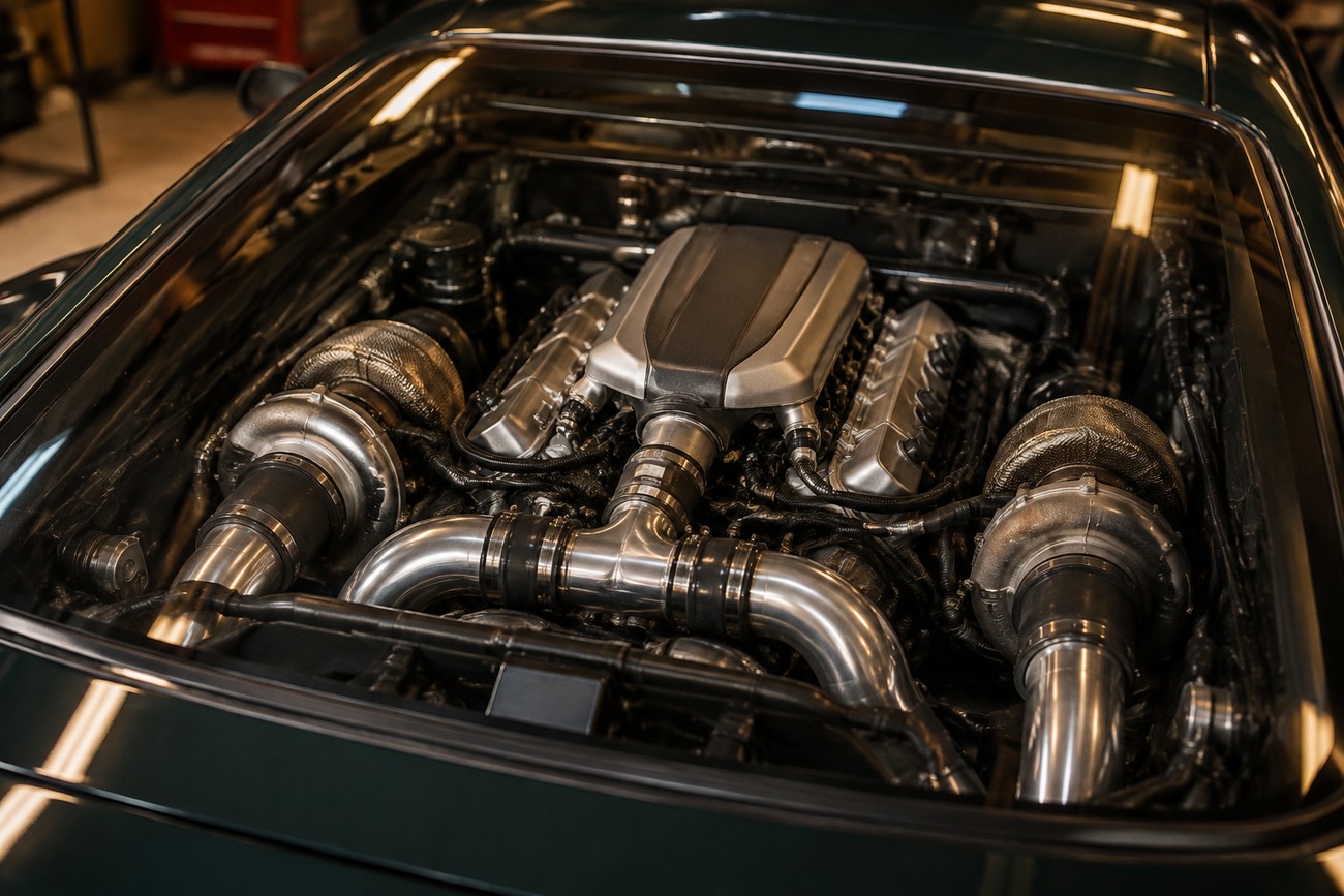 Detailed close-up shot of the twin-turbocharged engine bay under the rear glass window of a dark green Venturi 260 sports car