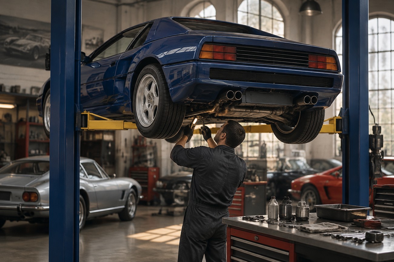 A mechanic in overalls inspecting the underside of a blue Venturi 260 sports car lifted on a hydraulic hoist in a classic repair shop
