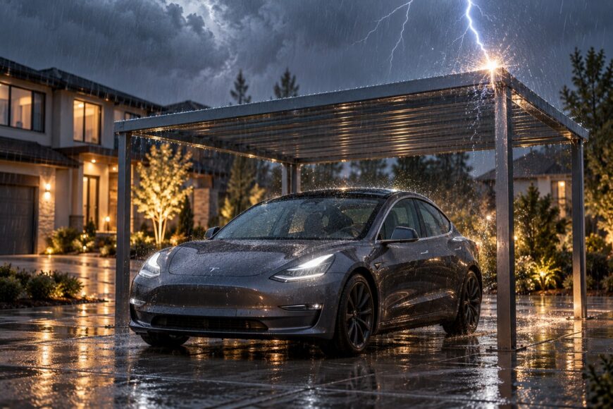 A dark gray Tesla Model 3 parked under a metal carport while lightning strikes the structure during a heavy rainstorm