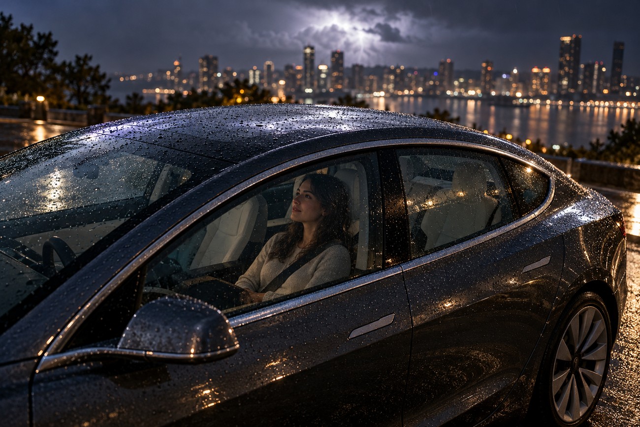 A woman sitting inside a rainy Tesla Model 3 at night with a thunderstorm and city lights in the background