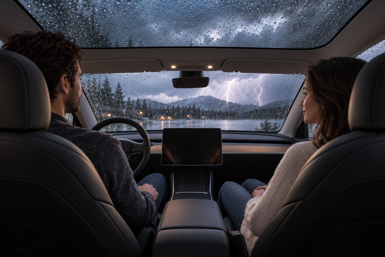 A man and a woman sitting inside a Tesla Model 3 looking at lightning strikes over a lake through the windshield and glass roof