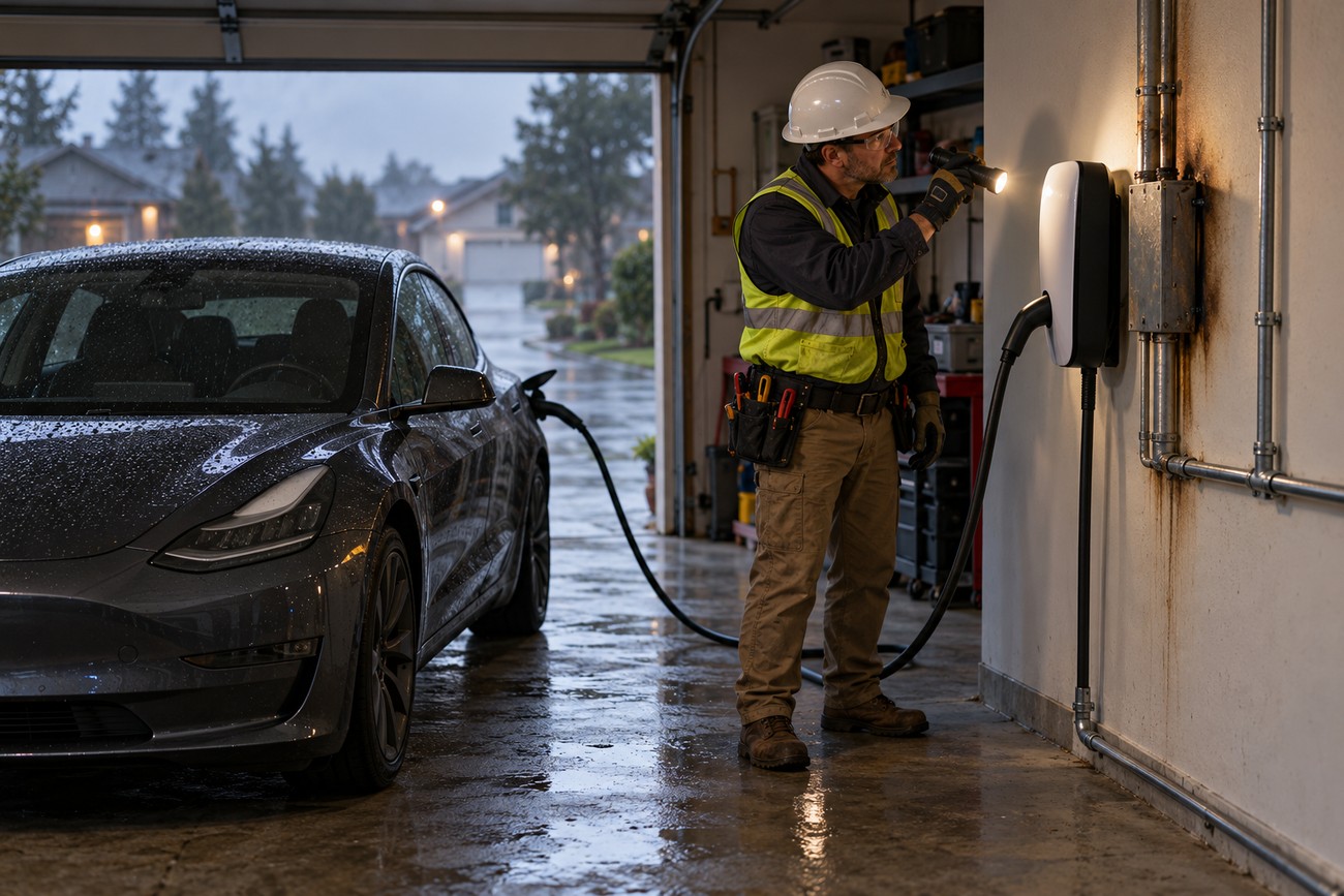 An electrician in a hard hat inspects a wall-mounted EV charger and a Tesla Model 3 in a wet garage