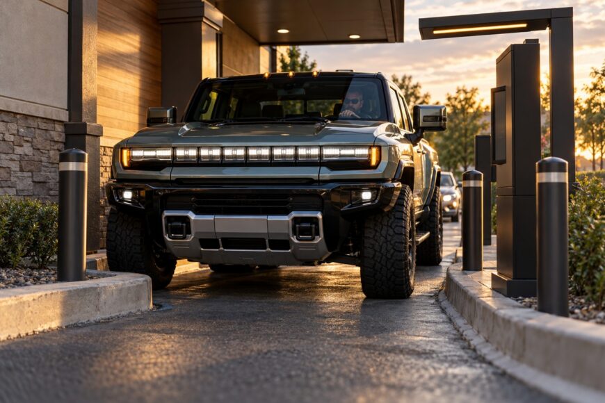 A large gray Hummer EV parked tightly in a fast food restaurant drive-thru lane next to the ordering kiosk