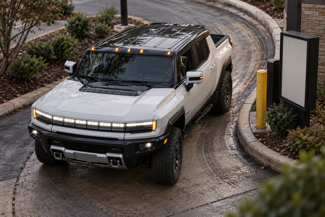 High angle shot of a white GMC Hummer EV driving through a narrow restaurant drive-thru lane