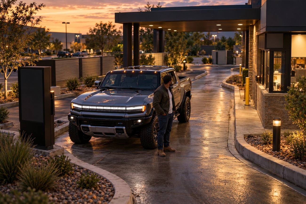 A man standing next to a massive Hummer EV parked in a restaurant drive-thru lane at sunset