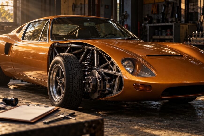 Orange Bolwell Nagari fiberglass supercar with exposed front suspension and chassis parked inside a workshop