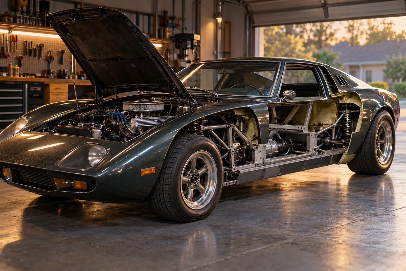 Dark green Bolwell Nagari supercar with an open hood and exposed side chassis parked in a garage
