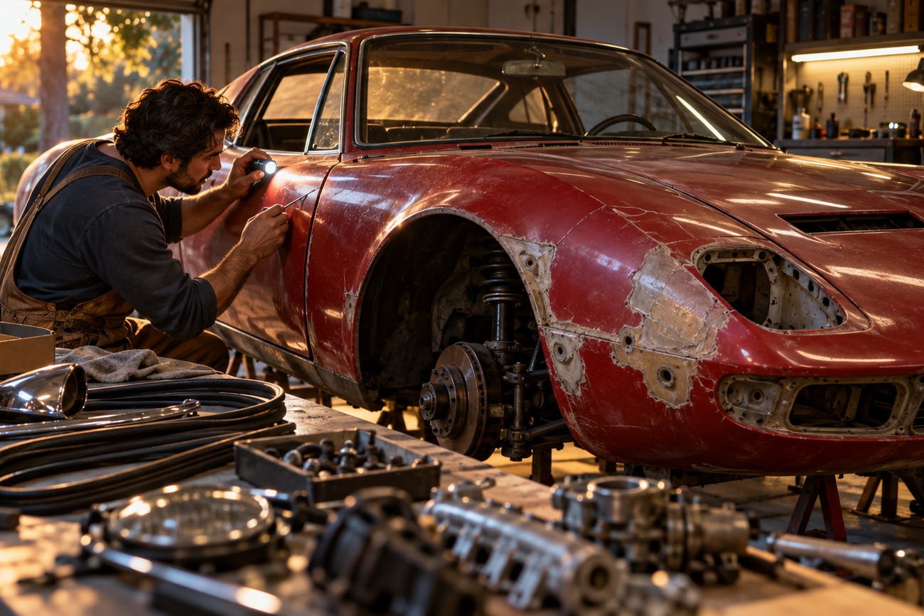 A mechanic with a flashlight carefully inspects the red fiberglass body of a classic Bolwell Nagari sports car inside a workshop