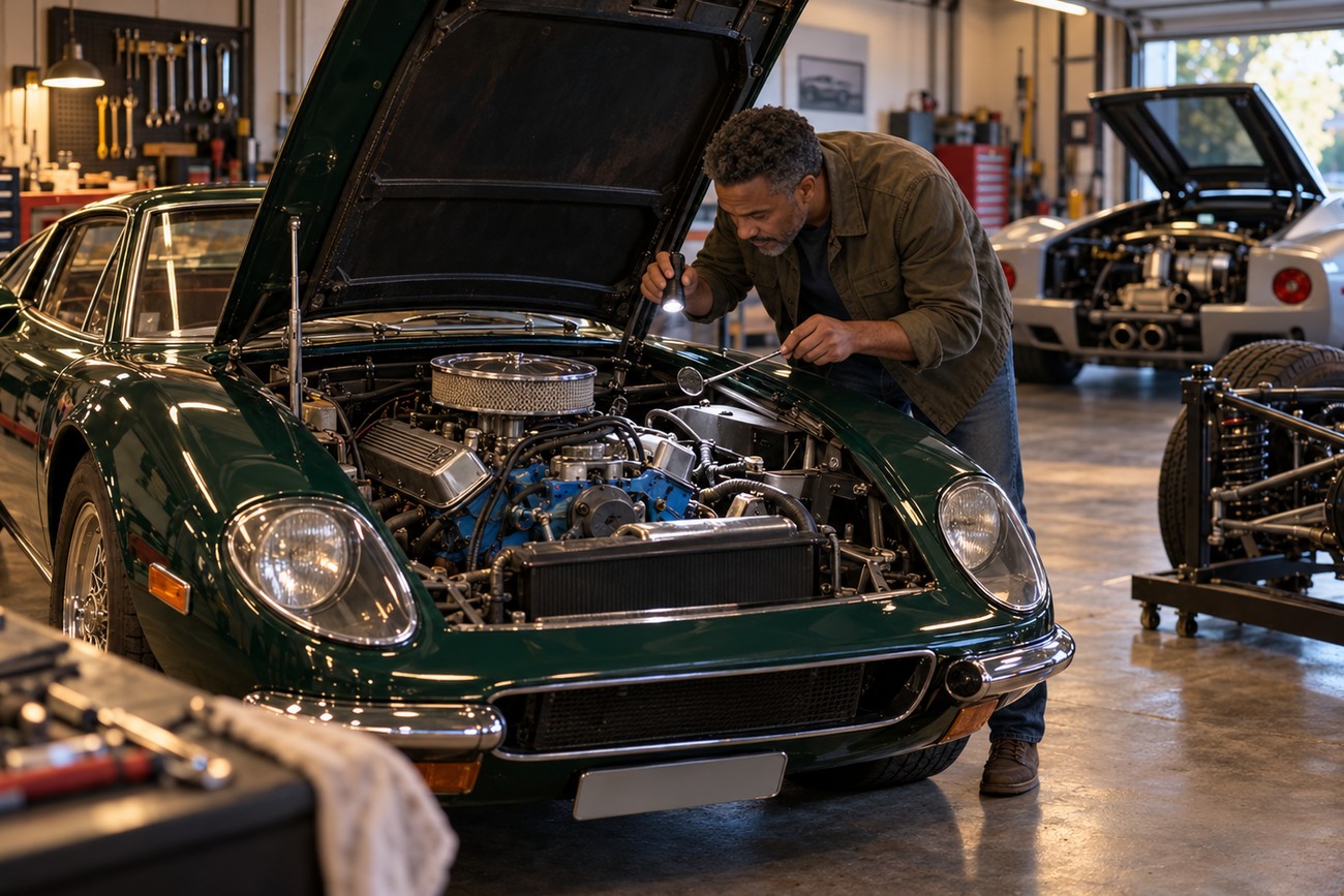 Mechanic using a flashlight to inspect the engine of a green Bolwell Nagari fiberglass supercar in a garage