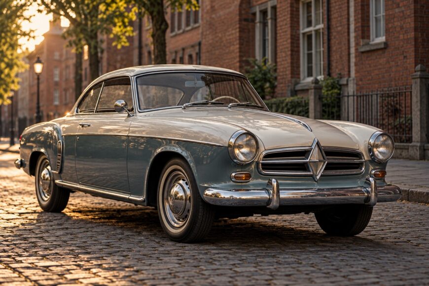 Vintage two-tone Borgward Isabella coupe parked on a historic cobblestone street next to brick buildings