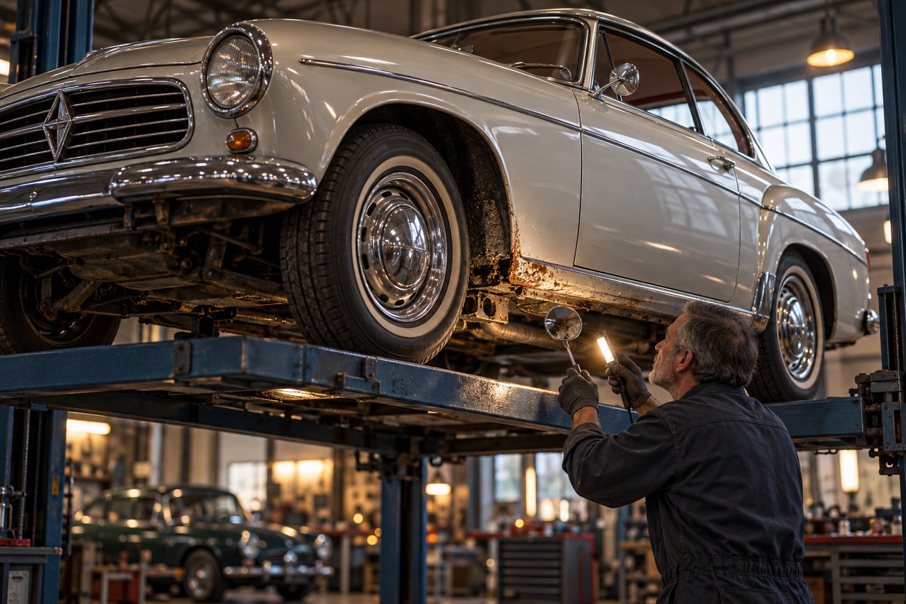 A mechanic in overalls inspects the rusty undercarriage of a classic light-colored Borgward Isabella coupe lifted on a hydraulic lift in a repair shop