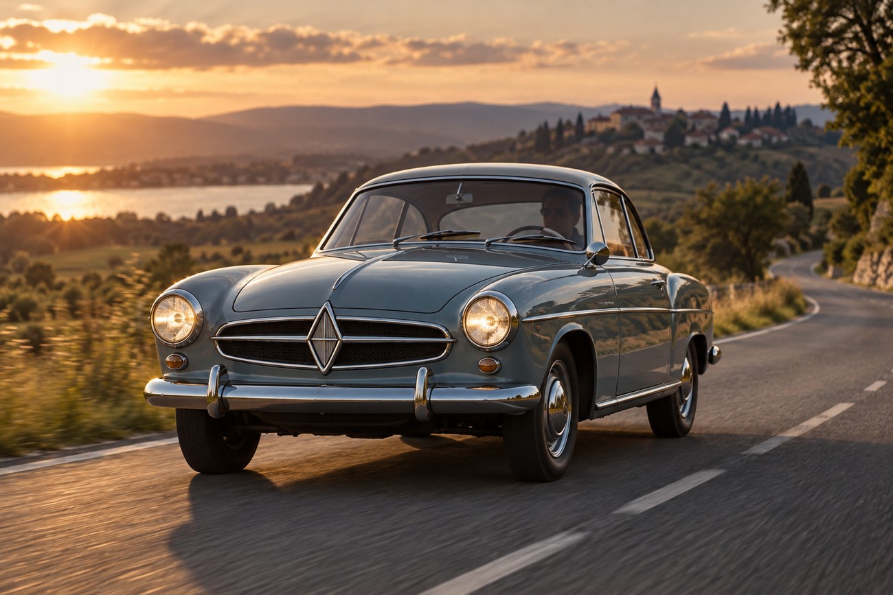 Classic light blue Borgward Isabella coupe driving on a winding country road during a picturesque sunset