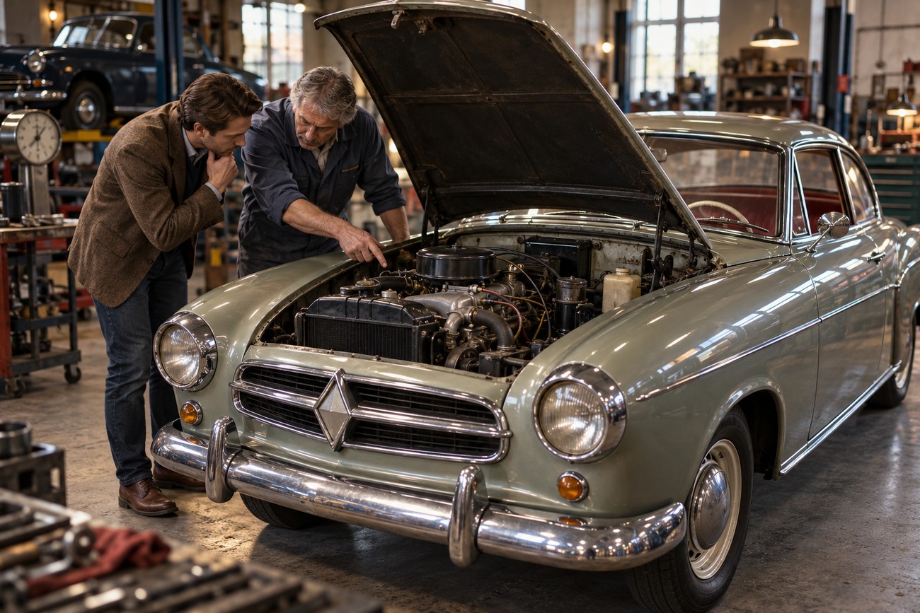 A mechanic in workwear and a customer in a jacket inspecting the open engine bay of a vintage Borgward Isabella coupe inside a workshop