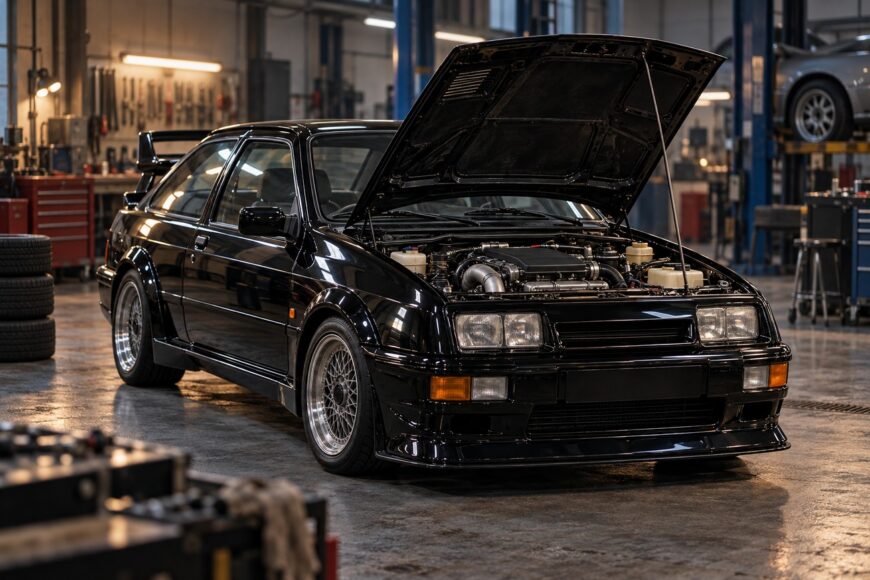 A classic black Ford Sierra RS500 with an open hood parked inside a professional automotive workshop