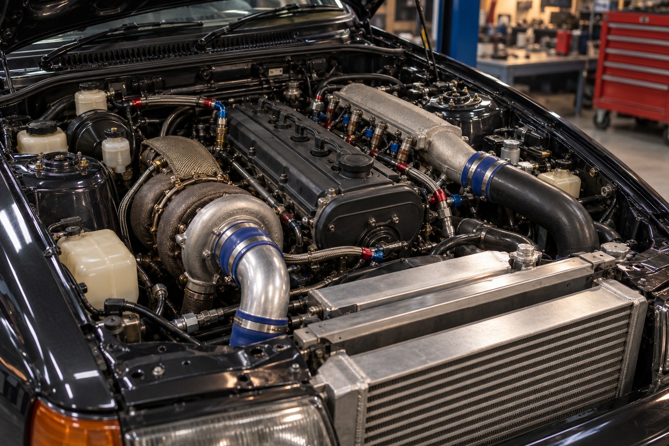 Detailed view of the modified turbocharged engine bay of a classic Ford Sierra RS500 in a workshop