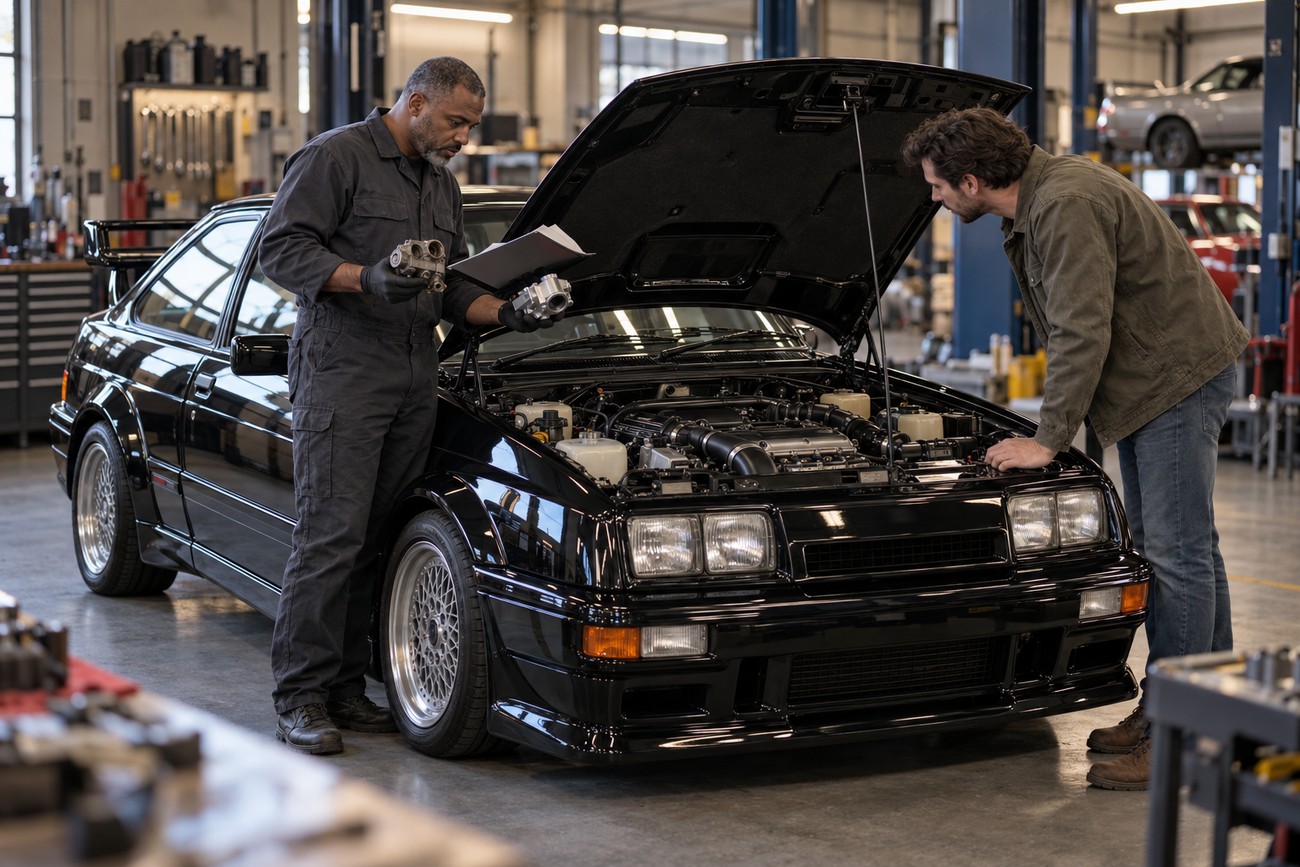 Two mechanics examining the engine and car parts of a black Ford Sierra RS500 inside a garage