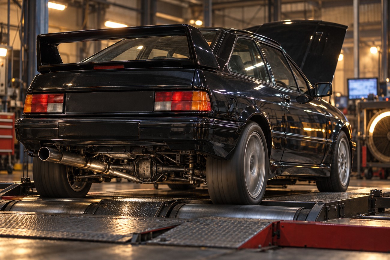 Rear view of a black Ford Sierra RS500 testing on a dynamometer in a mechanic workshop