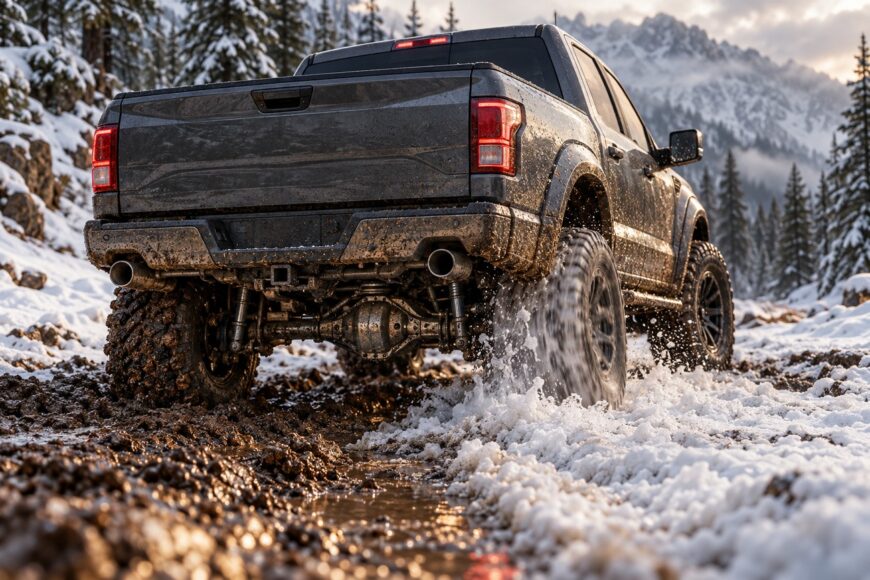 A dark pickup truck driving through a snowy and muddy road with visible rear differential and splashing water