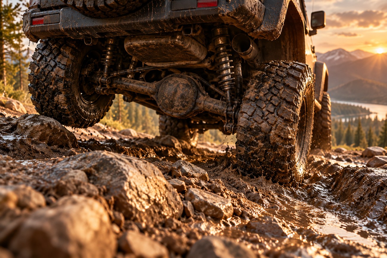 Rear undercarriage view of a muddy off-road vehicle driving over wet rocks and mud during sunset