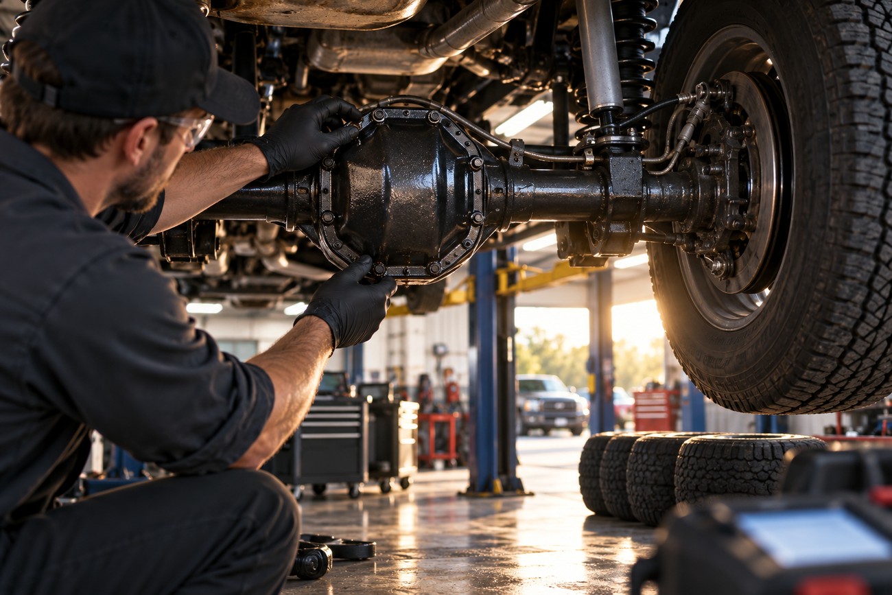 A mechanic wearing gloves inspects the limited slip differential housing under a lifted vehicle in an auto repair shop