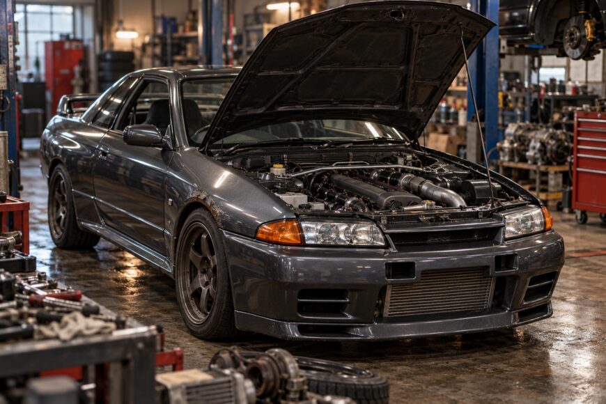 Dark grey Nissan Skyline R32 GT-R with an open hood parked inside a mechanic workshop