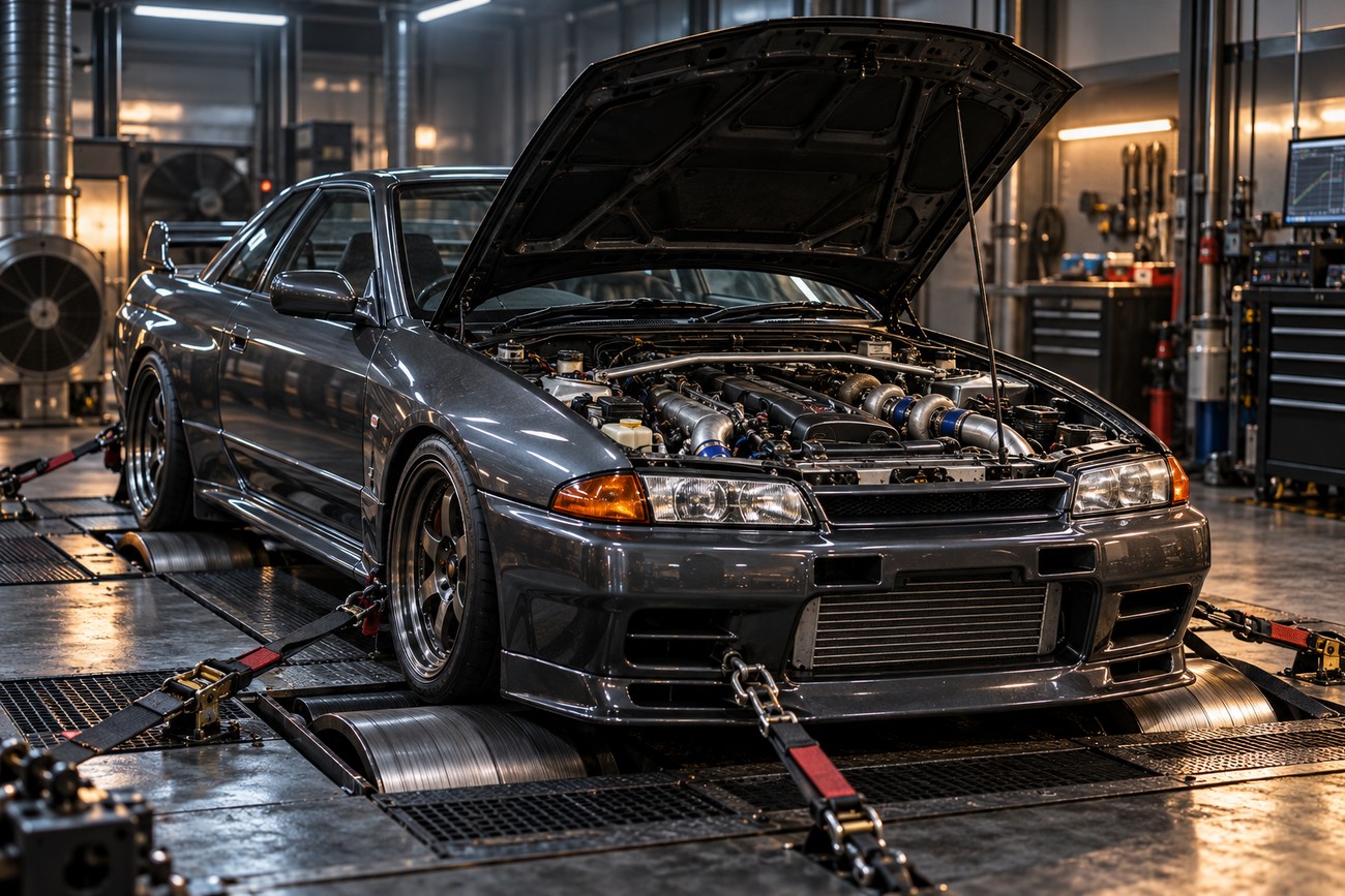 Dark grey Nissan Skyline R32 GT-R with open hood secured with straps on a dyno roll in a tuning workshop