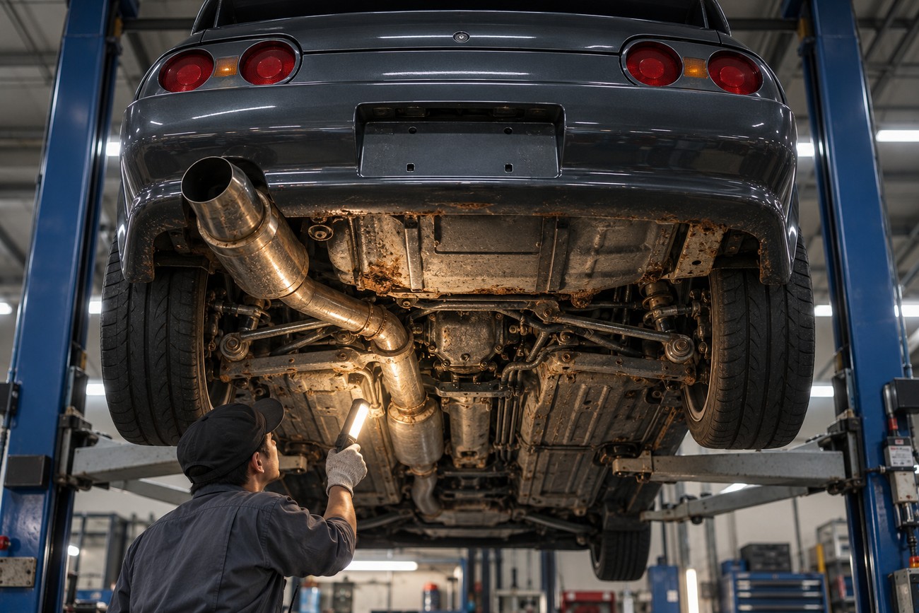 Mechanic inspecting the rusty undercarriage and exhaust of a lifted Nissan Skyline R32 GT-R with a flashlight