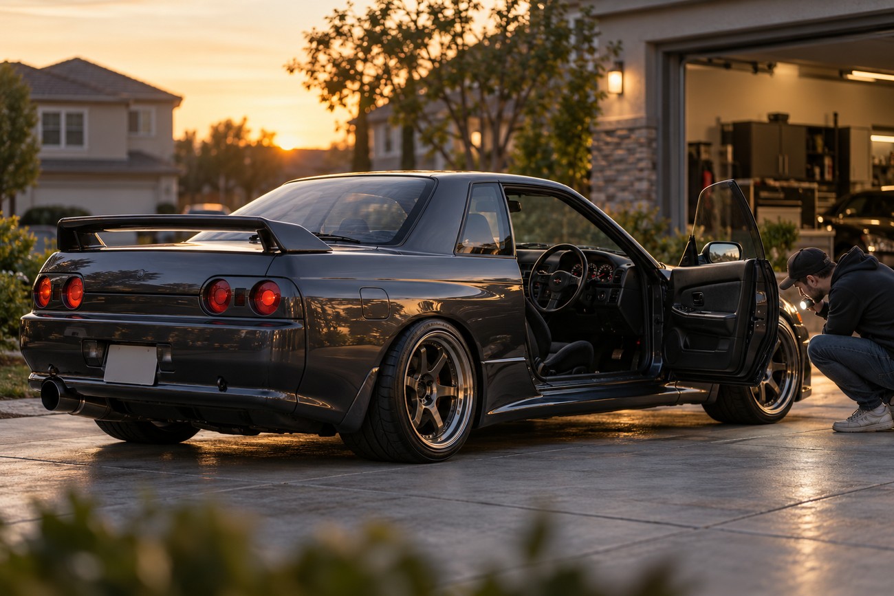 A dark grey Nissan Skyline R32 GT-R parked in a residential driveway during sunset with a person inspecting the interior