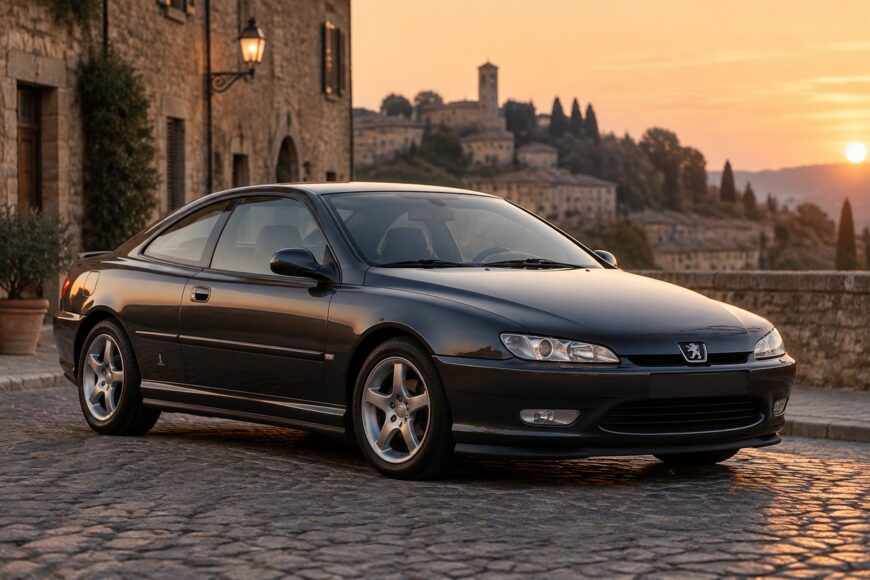 A dark Peugeot 406 Coupe parked on a medieval cobblestone street during sunset with a Tuscan village in the background