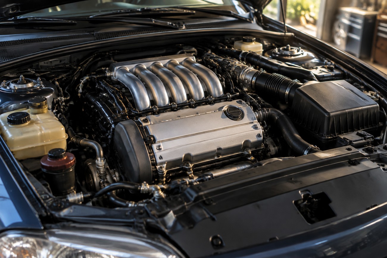 Clean V6 engine bay with silver intake manifold under the hood of a classic Peugeot 406 Coupe