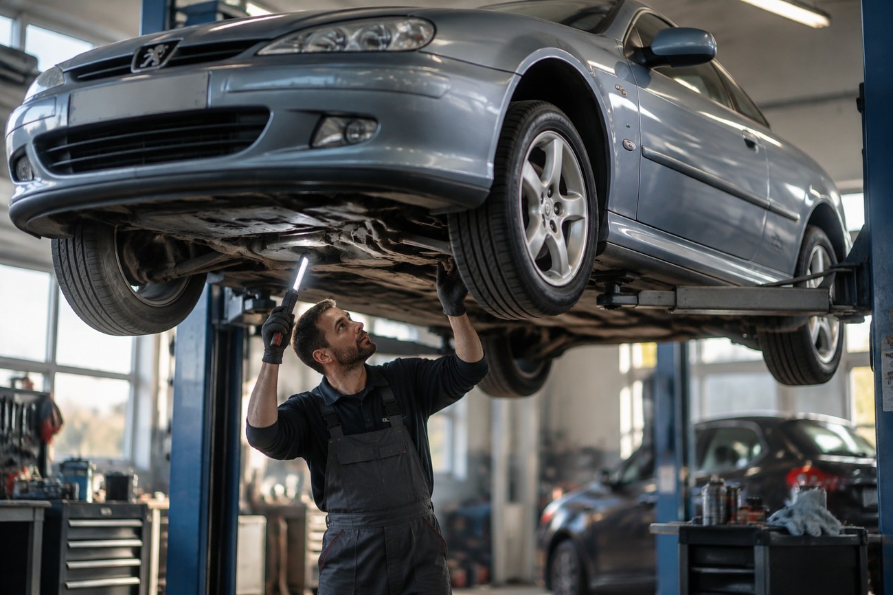 A mechanic in overalls inspecting the undercarriage of a silver Peugeot 406 Coupe on a lift
