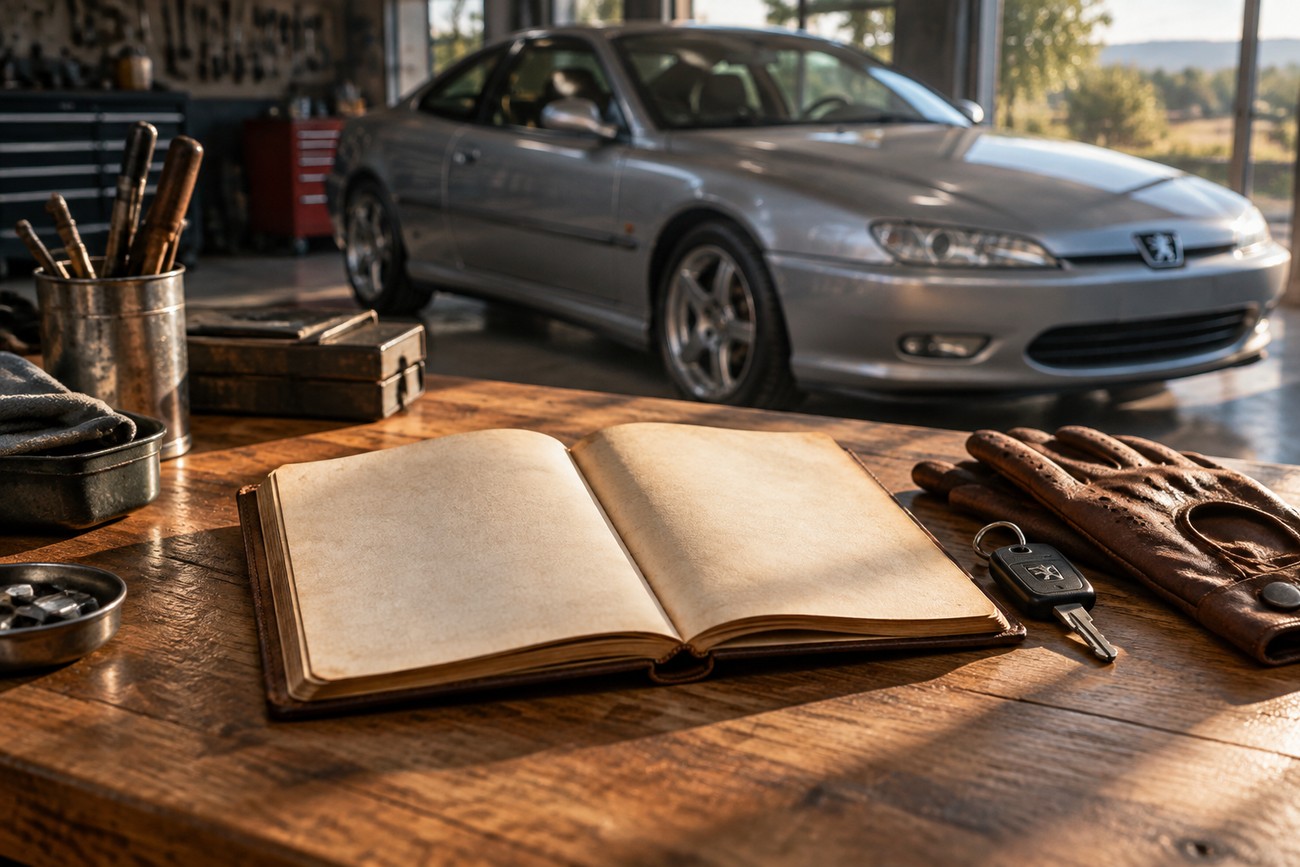An open vintage notebook and leather driving gloves with car keys on a wooden workbench in front of a silver Peugeot 406 Coupe inside a garage