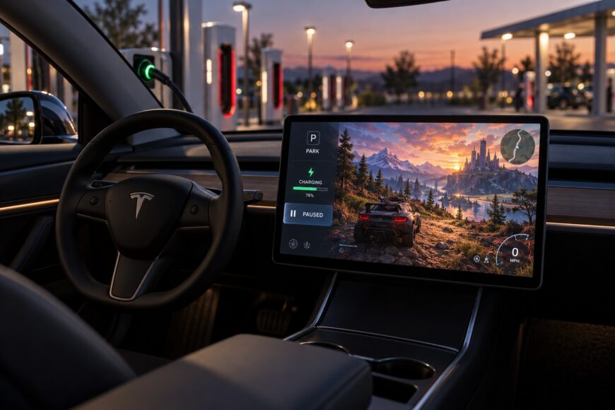 Interior view of a Tesla dashboard showing a video game on the central touchscreen while parked and charging at a Supercharger station during sunset
