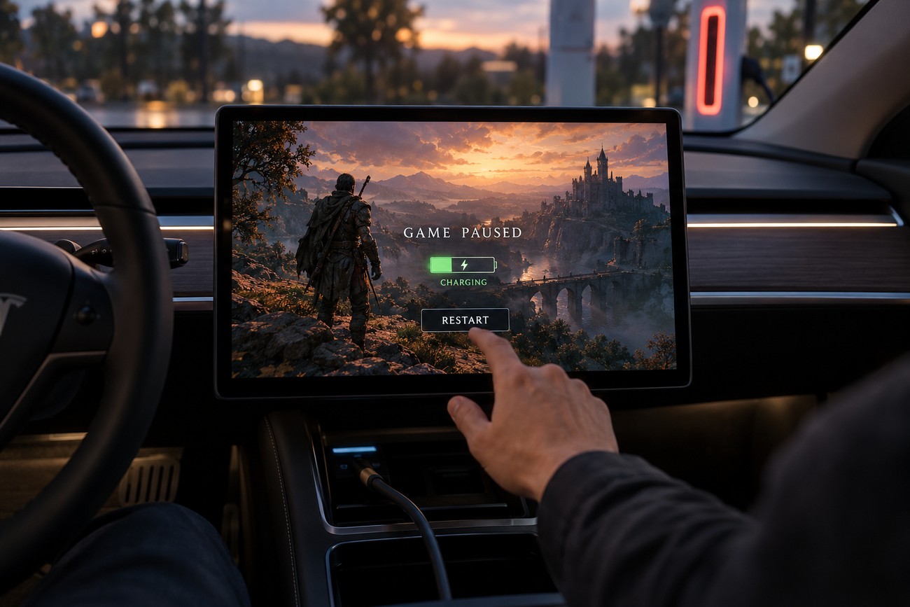 Driver touching the central touchscreen of a Tesla to restart a paused video game while charging at a station