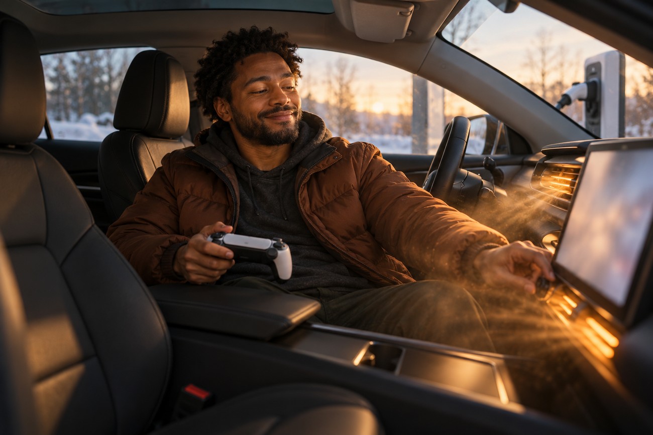 A man sitting in a Tesla driver seat holding a game controller while charging the electric car at sunset